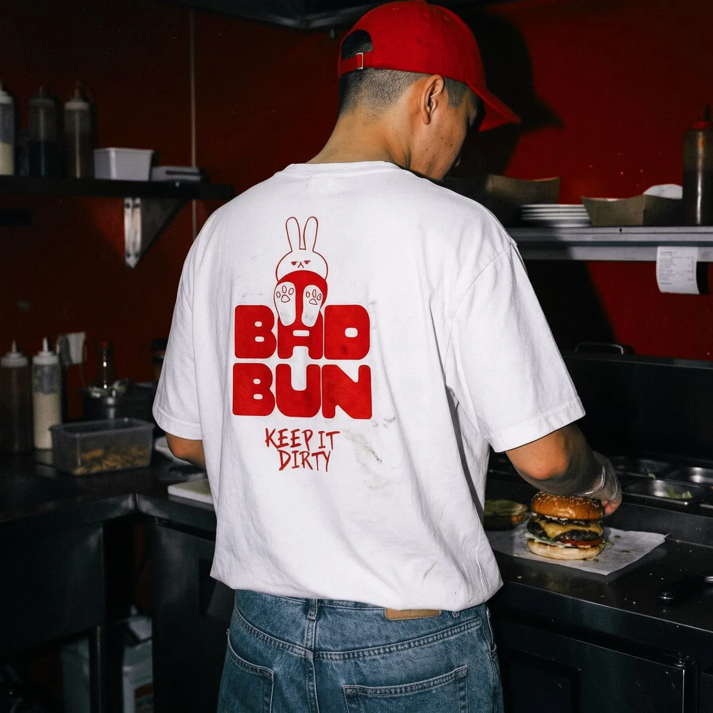 Bad Bun “Keep it dirty” T-shirt worn in the kitchen while a burger is being prepared