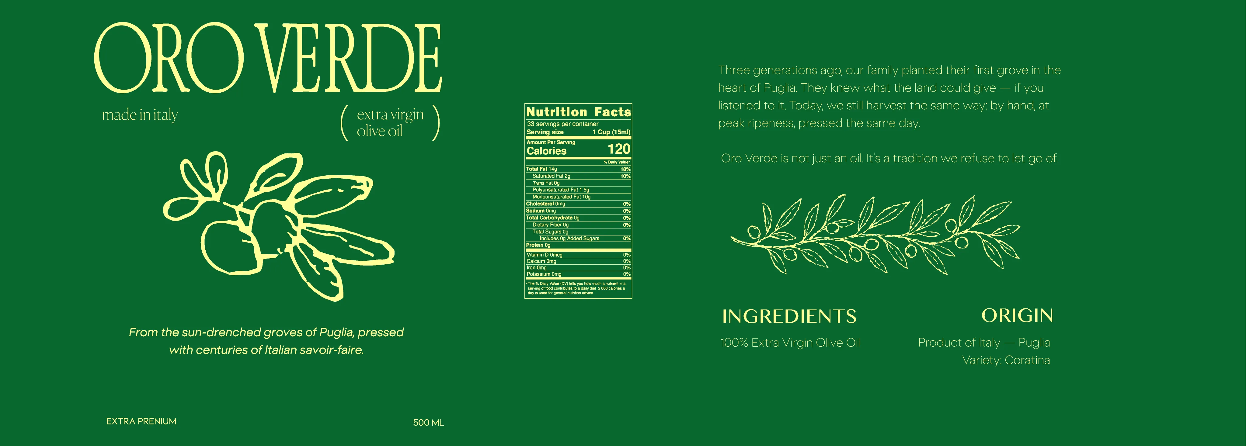 Étiquette complète du bidon Oro Verde à plat : logo, branche d'olivier, tableau nutritionnel, histoire, ingrédients et origine