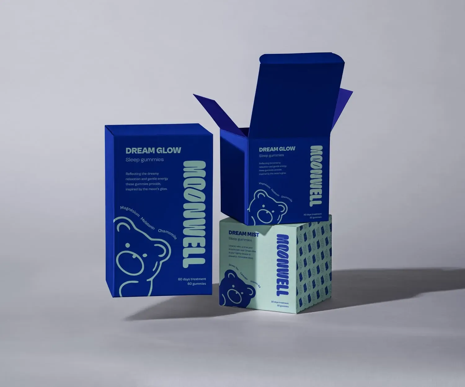 Moonwell Dream Glow packaging, blue boxes with bear mascot
