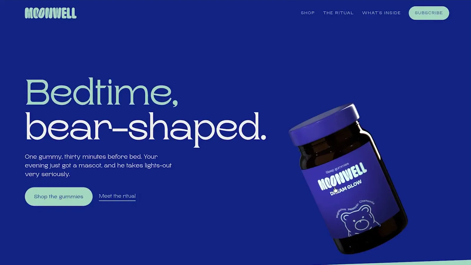 Midnight-blue Moonwell landing page with the headline “Bedtime, bear-shaped.” and a jar of gummies