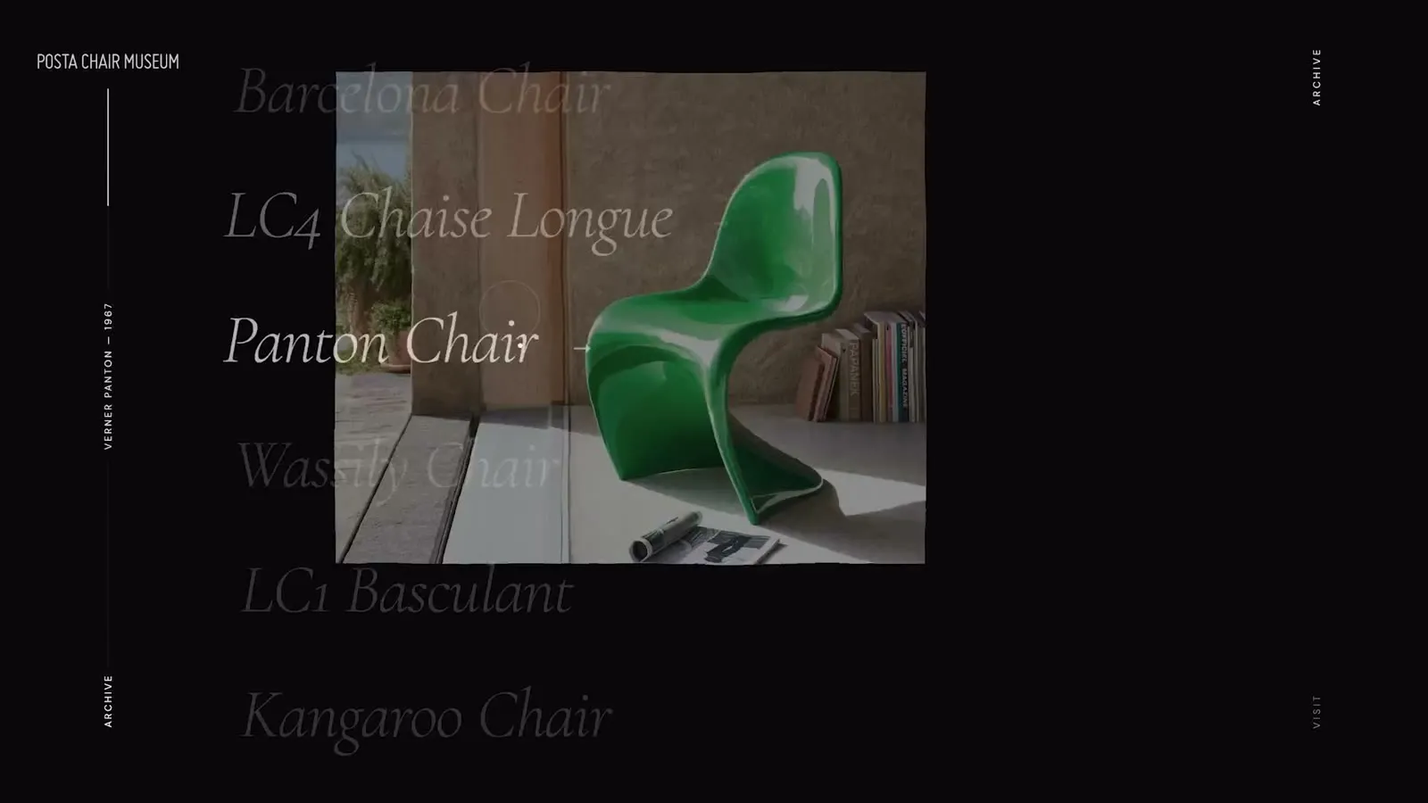 Posta Chair Museum website on black, a list of iconic chairs with a green Panton Chair revealed on hover