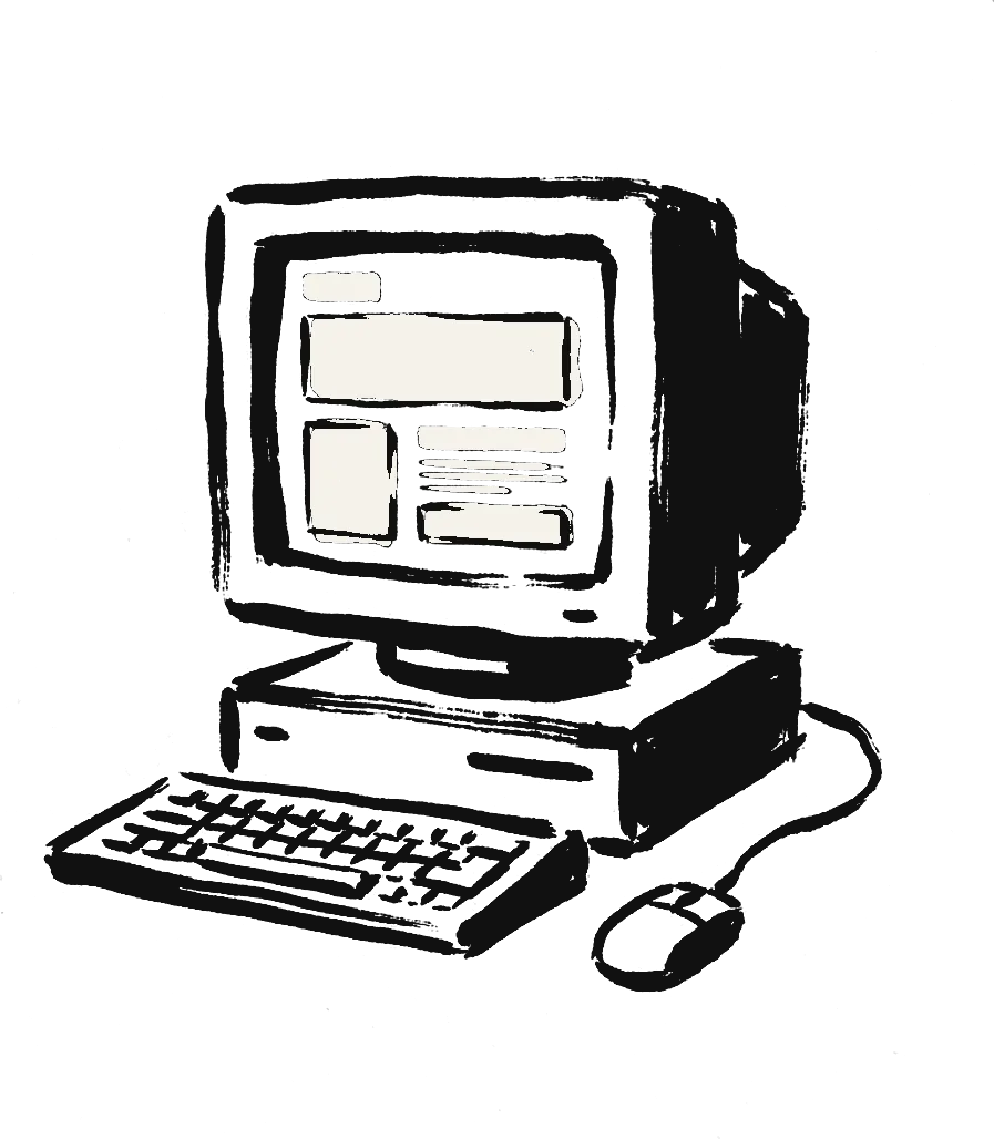Retro computer showing a website layout, ink drawing